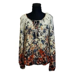 Lovestitch Boho Floral Peasant Blouse Tie Neck Long Sleeve Womens S